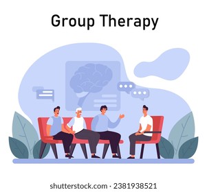 Psychotherapy. Psychiatrist consulting a patient on mental health disorders. Thoughts and emotions analysis. Group therapy. Flat vector illustration