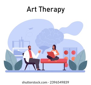 Psychotherapy. Psychiatrist consulting a patient on mental health disorders. Thoughts and emotions analysis. Art therapy. Flat vector illustration