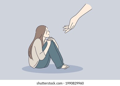 Psychotherapy psychological support concept. Young sad depressed woman sitting getting help and cure from stress feeling lonely and unhappy vector illustration 