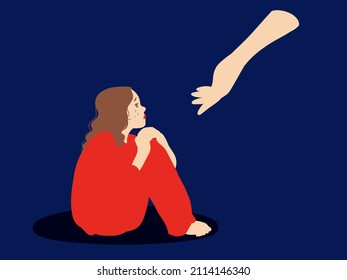 Psychotherapy psychological support concept. Young sad depressed woman sitting getting help and cure from stress feeling lonely and unhappy vector illustration 