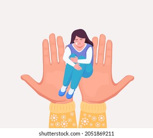 Psychotherapy, psychological support. Unhappy girl sits and hugs her knees feeling lonely. Sad depressed woman sitting on psychotherapist hands. Mental health. Person getting help and cure from stress