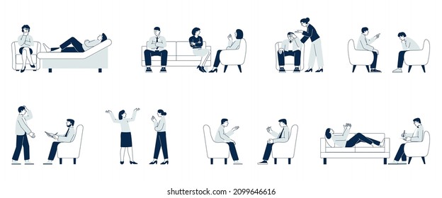 Psychotherapy. Psychologist counseling, therapy and communication. Patient on sofa or chair, different people with stress. Support recent vector set