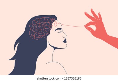 Psychotherapy or Psychology concept. Helping hand unravels the tangle of thoughts of a woman with mental disorder, anxiety and confusion mind. Vector illustration