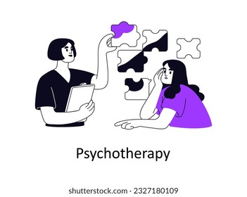 Psicoterapia, concepto de psicología. Sesión mental con psicoterapeuta, psiquiatra. El psicólogo ayuda a resolver el problema psicológico del paciente. Ilustración vectorial plana aislada en fondo blanco