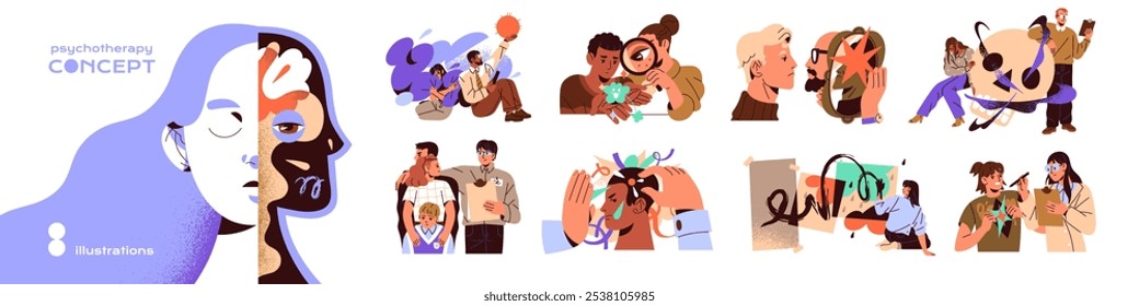 Psychotherapy, psychology concept set. Psychologist supports patients in therapy. Psychotherapist helps people with mental disorders, depression, anxiety. Flat isolated vector illustrations on white