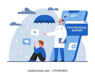 Psychotherapy psychology concept vector illustration. Cartoon flat tiny doctor therapist character supporting, protecting patient mental health via smartphone, psychological support isolated on white