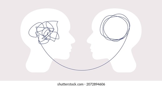 Psychotherapy, psychology concept. Human heads silhouettes with unraveling mental problems. Vector illustration in a flat style