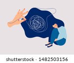 Psychotherapy and psychology help with depressive disorders. Helping hand unravels the tangle of thoughts of a woman suffering from prolonged sadness, fatigue, chronic pain, headaches or stomachaches.