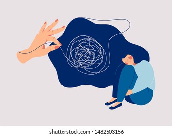 Psychotherapy and psychology help with depressive disorders. Helping hand unravels the tangle of thoughts of a woman suffering from prolonged sadness, fatigue, chronic pain, headaches or stomachaches.