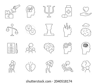 Psychotherapy and psychology line icon set. Simple thin outline pictogram collection. Mental health elements. Anxiety, group therapy, mood disorder, depression. Editable stroke vector illustration