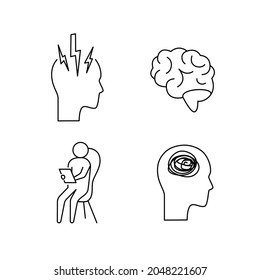Psychotherapy and psychology line icon set. Simple thin outline pictogram collection. Mental health elements. Anxiety, group therapy, mood disorder, depression. Editable stroke vector illustration