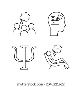 Psychotherapy and psychology line icon set. Simple thin outline pictogram collection. Mental health elements. Anxiety, group therapy, mood disorder, depression. Editable stroke vector illustration