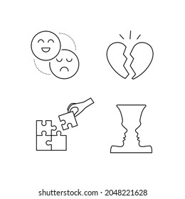 Psychotherapy and psychology line icon set. Simple thin outline pictogram collection. Mental health elements. Anxiety, group therapy, mood disorder, depression. Editable stroke vector illustration