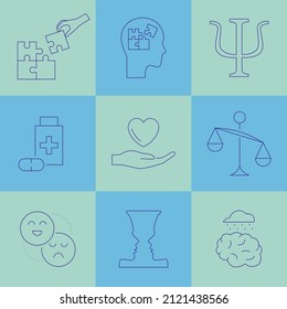 Psychotherapy and psychology line icon set. Simple thin outline pictogram collection. Mental health elements. Anxiety, group therapy, mood disorder, depression. Editable stroke vector illustration