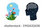 Psychotherapy or psychology support concept. Two heads with different states of consciousness minde - depression with thundercloud and rain and positive mental health mood with sun and flowers. Vector