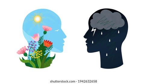 Psychotherapy or psychology support concept. Two heads with different states of consciousness minde - depression with thundercloud and rain and positive mental health mood with sun and flowers. Vector