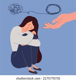 Psychotherapy and psychology vector consept. Sad crying lonely young woman with depression vector illustration in flat style