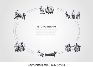 Psychotherapy - psychotherapist speaking with patients vector concept set. Hand drawn sketch isolated illustration