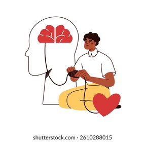 Psychotherapy recovery. Brain mind and heart feelings connection, care. Psychology, mental health therapy and emotional intelligence concept. Flat vector illustration isolated on white background.