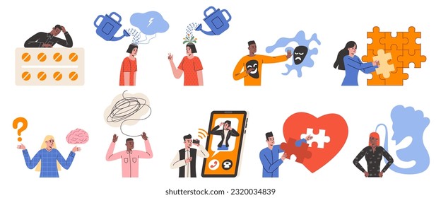 Psychotherapy scenes. People with mental disorders. Depressed and anxiety patients. Psychologists consultation. Solving problems with medications and psychoanalysis