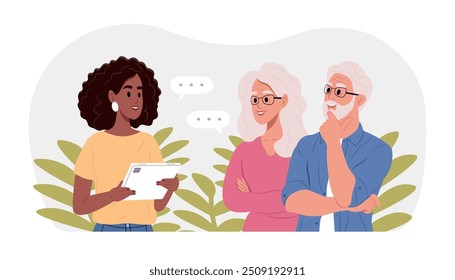 Psychotherapy for seniors. Positive senior people having group therapy with psychologist. Vector illustration in flat style