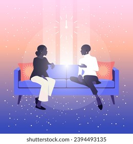 Psychotherapy session. African woman talking to psychologist sitting on sofa. Mental health and emotional support. Private psychology, psychotherapy help. Vector illustration in flat style