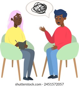 Psychotherapy session - black man talking to psychologist sitting on chair. Mental health concept, vector illustration in flat style
