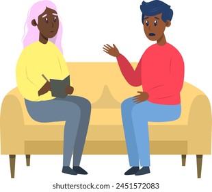 Psychotherapy session -black man talking to psychologist sitting on sofa. Mental health concept, vector illustration in flat style