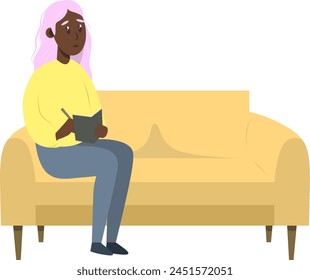 Psychotherapy session - black psychologist sitting on sofa. Mental health concept, vector illustration in flat style