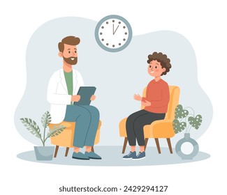 Sesión de psicoterapia, un niño habla con un psicólogo. Banner de salud mental o plantilla de página de destino. Ilustración, vector