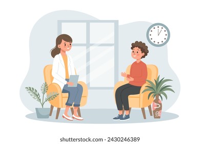 Psychotherapy session, a boy talks to a psychologist. Mental health banner or landing page template. Illustration, vector