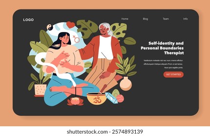 Psychotherapy session concept. A nurturing scene of a therapist and client discussing self-identity and boundaries amidst calming plants. Vector illustration.