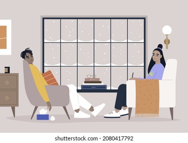 Psychotherapy session in a cozy furnished office, mental health issues