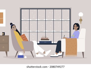 Psychotherapy session in a cozy furnished office, mental health issues