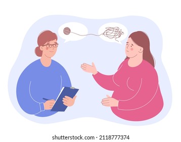 Psychotherapy session.  Female psychotherapist and  female patient. Treatment of stress, addictions and mental problems. Psychotherapeutic practice, psychological assistance and consultations. Vector 