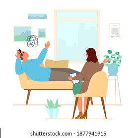 Psychotherapy Session Flat Vector Illustration. Man Laying On The Couch Talking About His Problems To Woman Psychologist In Her Office.