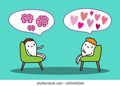 Psychotherapy session hand drawn vector illustration in cartoon style. Men sitting in chairs talking about brain against passion symbol