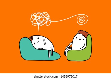 Psychotherapy session hand drawn vector illustration in cartoon style. Two man sitting in chairs talking orange