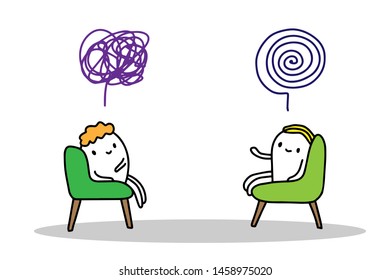 Psychotherapy session hand drawn vector illustration in cartoon style. Two man sitting in chairs talking green violet white