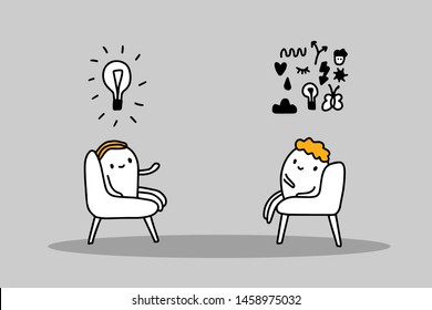 Psychotherapy session hand drawn vector illustration in cartoon style. Two man sitting in chairs talking white grey black yellow