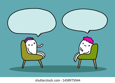 Psychotherapy session hand drawn vector illustration in cartoon style. Two man sitting in chairs talking empty speech bubble