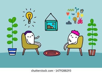 Psychotherapy session hand drawn vector illustration in cartoon style. Two man sitting in chairs talking cabinet with decorative elements symbols