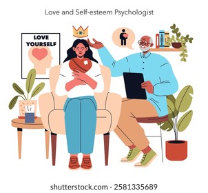 Psychotherapy session illustration. A therapist boosts a patient's self-love, symbolized by a royal crown. Supportive emotional health environment. Vector illustration.