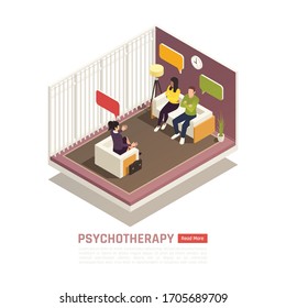 Psychotherapy session isometric composition with licensed marriage and family therapist helps young couple improve relationship vector illustration 