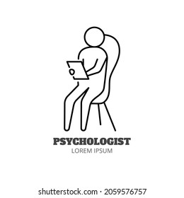 Concepto de línea de sesión de psicoterapia. El psicólogo se sienta en la silla con un elemento de trazo de contorno de cuaderno. Asesoramiento psicológico. Terapia grupal. Ilustración vectorial de trazo editable