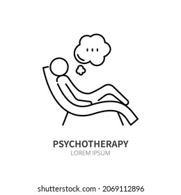 Psychotherapy Session Line Icon Concept. A Man Lies On A Couch And Talks Outline Stroke Element. Psychologist Counseling. Anxiety, Group Therapy, Depression. Editable Stroke Vector Illustration