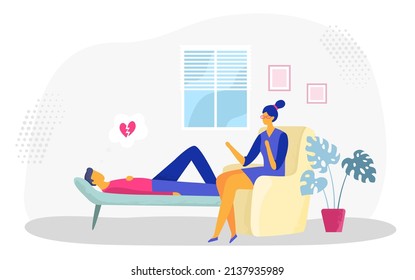 Psychotherapy session. Man lying on sofa in depression with broken heart. Female psychologist providing support. Patient having therapy appointment or consultation vector illustration