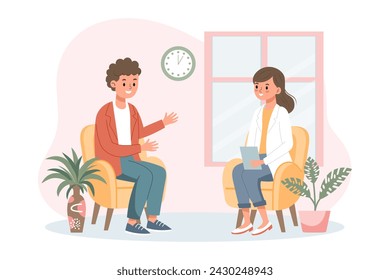 Psychotherapy session, man talking to a psychologist. Mental health banner or landing page template. Illustration, vector