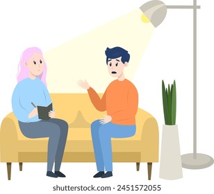 Psychotherapy session - man talking to psychologist sitting on sofa. Mental health concept, vector illustration in flat style