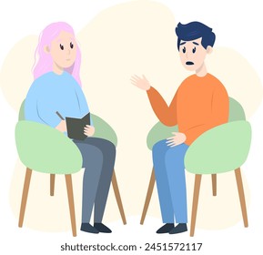 Psychotherapy session - man talking to psychologist sitting on chair. Mental health concept, vector illustration in flat style